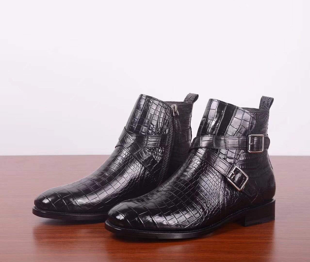 Crocodile Shoes Mens Crocodile Leather Side Zipper Double Crossed Strap Boots