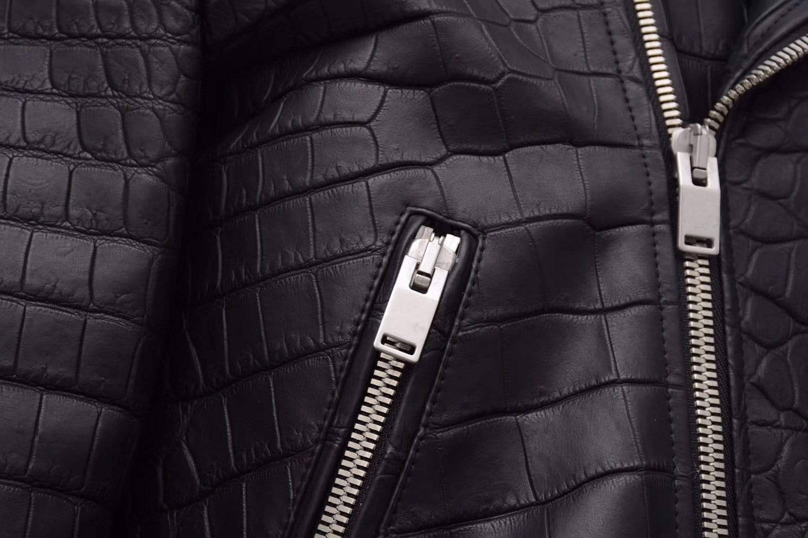 Black crocodile leather motorcycle racer style jacket by Rossie Viren, slim fit design for men and women, stylish and sleek.