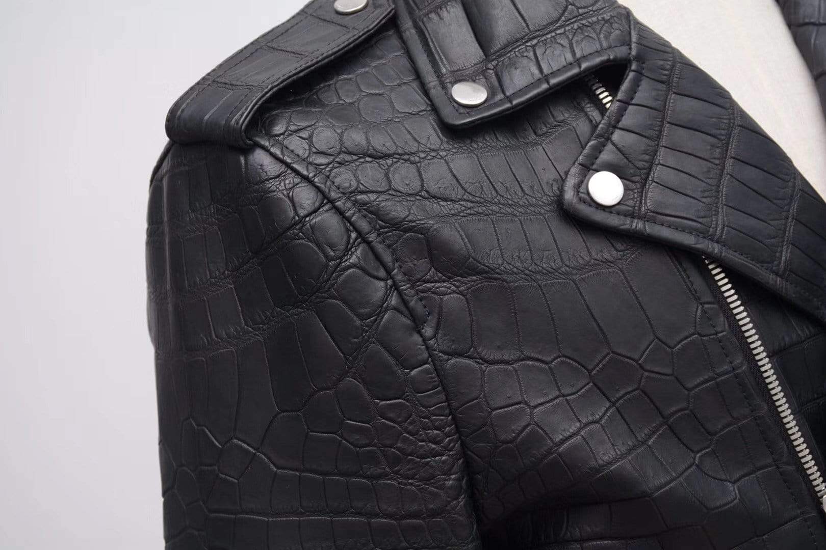 Black crocodile leather motorcycle racer jacket by Rossie Viren, slim fit design for men and women, stylish and edgy outerwear.