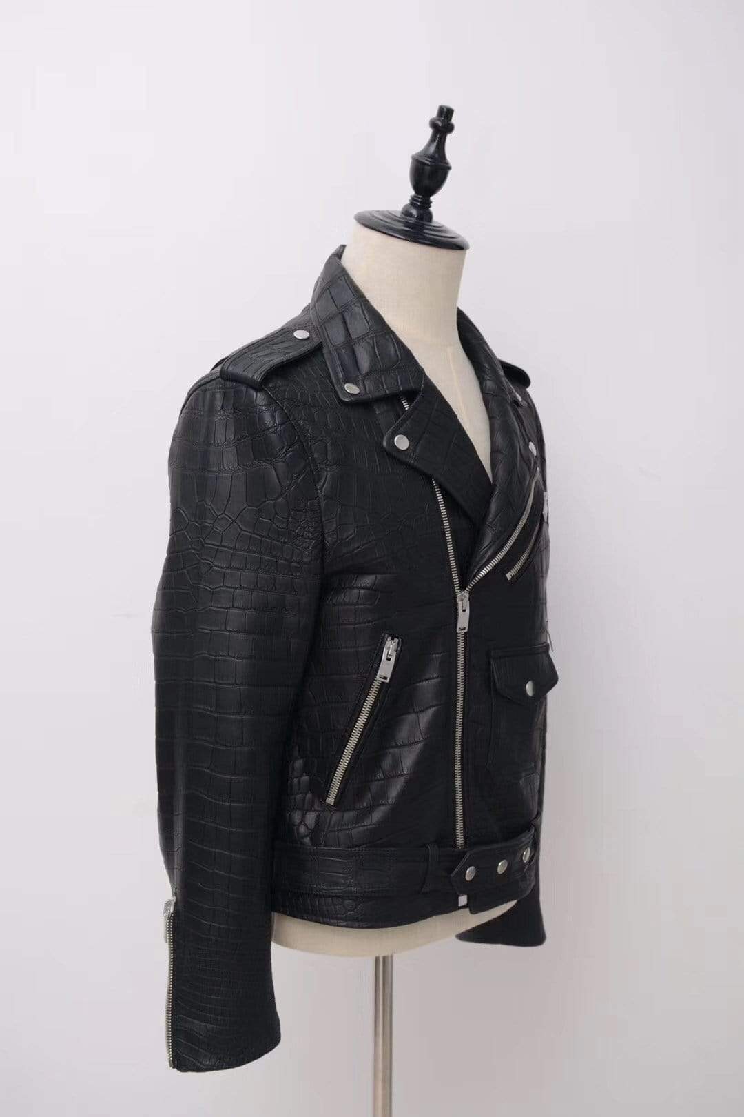 Black crocodile leather motorcycle racer jacket by Rossie Viren, slim fit design for men and women, stylish and durable.