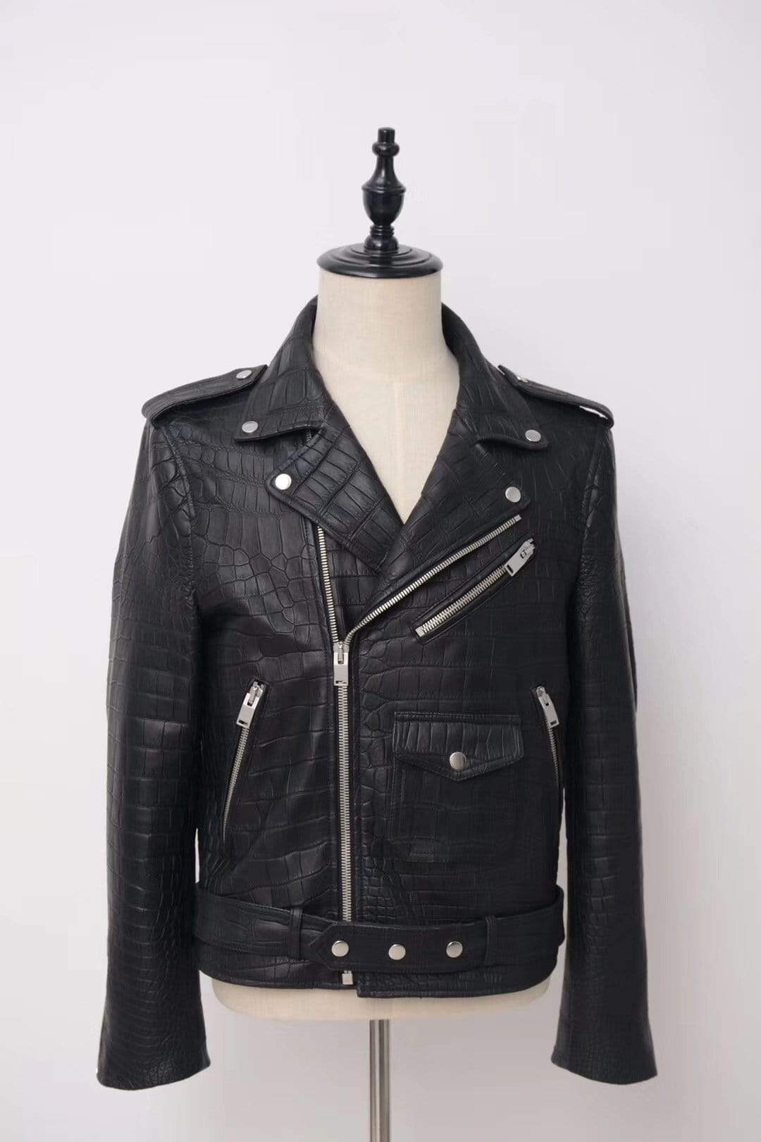 Black crocodile leather motorcycle jacket by Rossie Viren, slim fit racer style for men and women, with detailed leather texture.