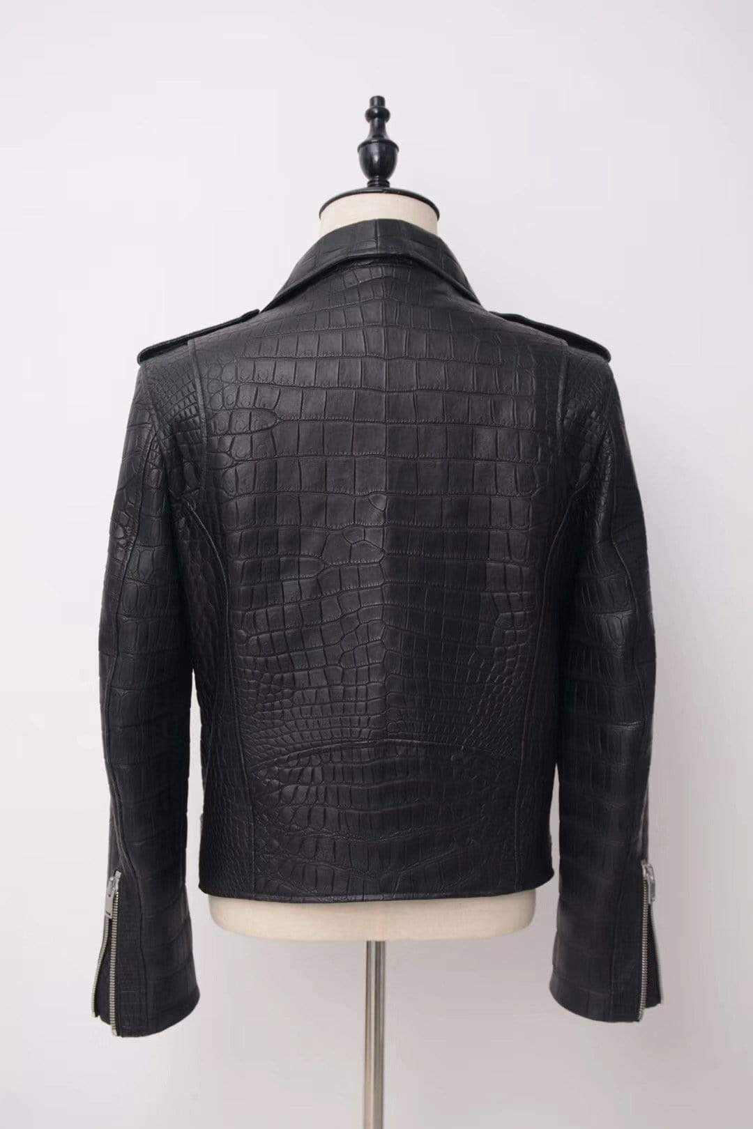 Black crocodile leather motorcycle racer jacket by Rossie Viren, slim fit design for men and women, stylish and durable.