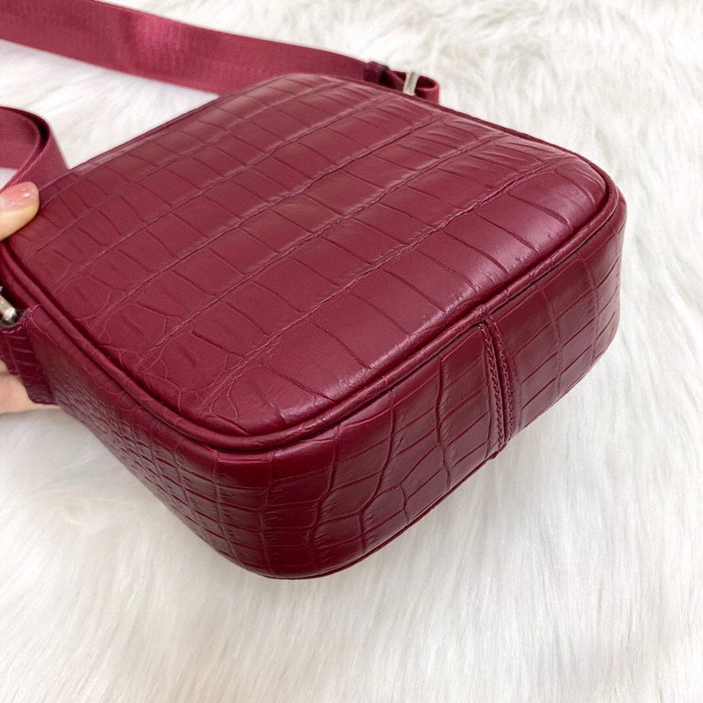 Crocodile leather small crossbody shoulder bag by Rossie Viren, featuring a sleek design and compact size for everyday use.