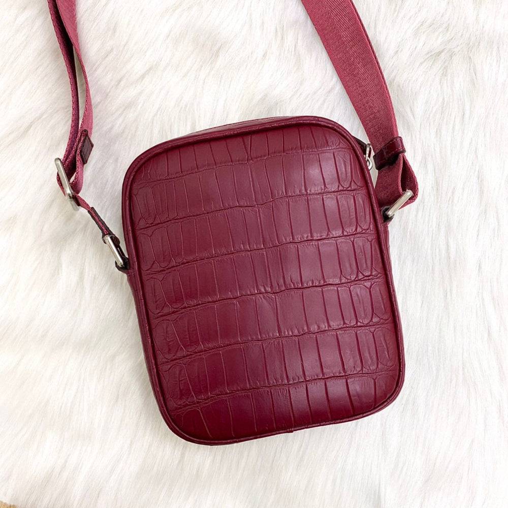 Rossie Viren crocodile leather small crossbody shoulder bag with adjustable strap and elegant design.