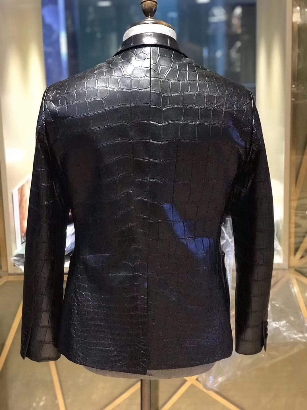 Rossie Viren brown and grey nubuck crocodile skin leather blazer with standing collar and sleek design.