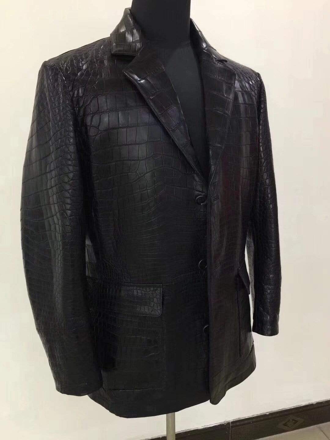 Rossie Viren crocodile leather blazer with a standing collar, tailored fit, and textured crocodile pattern.