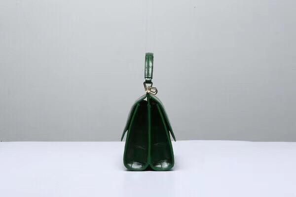 Dark green crocodile leather top handle handbag by Rossie Viren, featuring a sleek and stylish design with a structured silhouette.