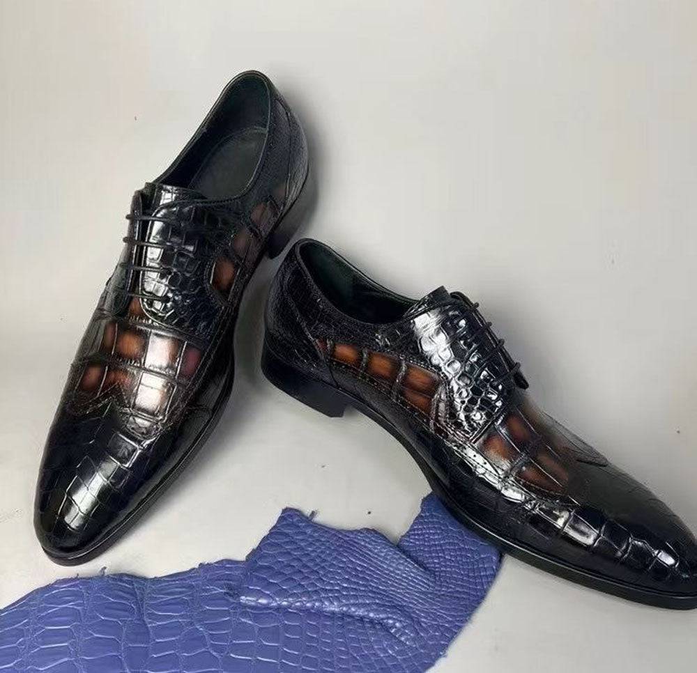Rossie Viren crocodile leather two-tone brogue formal lace-up shoes with detailed stitching and elegant design.