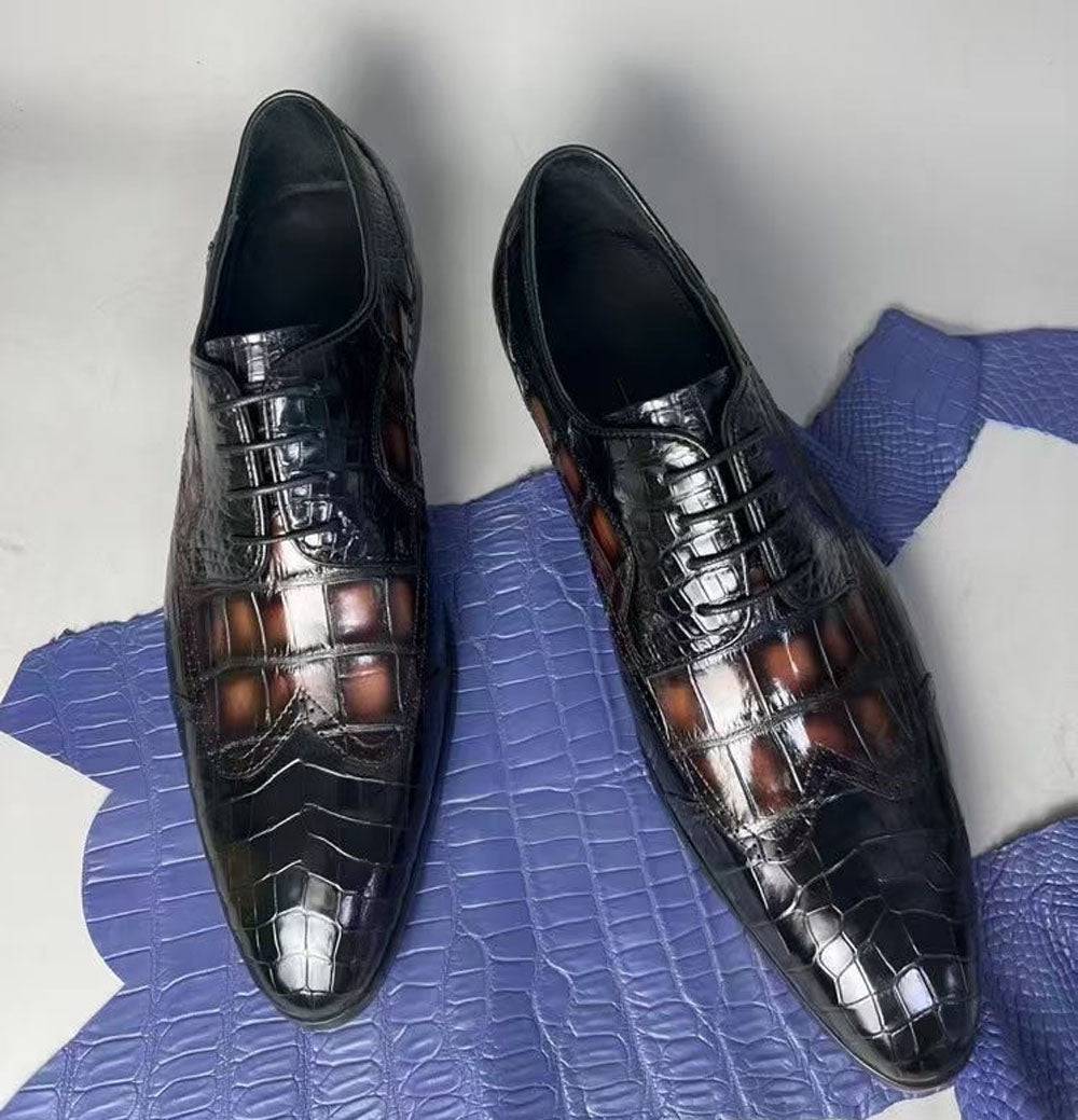 Rossie Viren crocodile leather two-tone brogue formal shoes with lace-up design, showcasing elegant craftsmanship and stylish details.