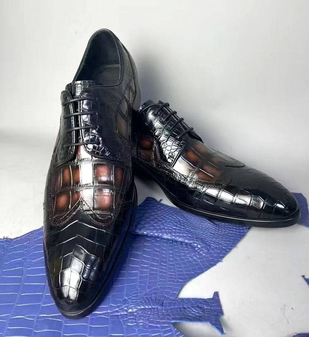 Rossie Viren crocodile leather two-tone brogue shoes with lace-up design, formal dress shoes for men.