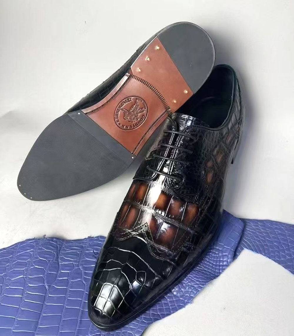 Rossie Viren crocodile leather two-tone brogue formal shoes with lace-up design, stylish dress shoes for men.