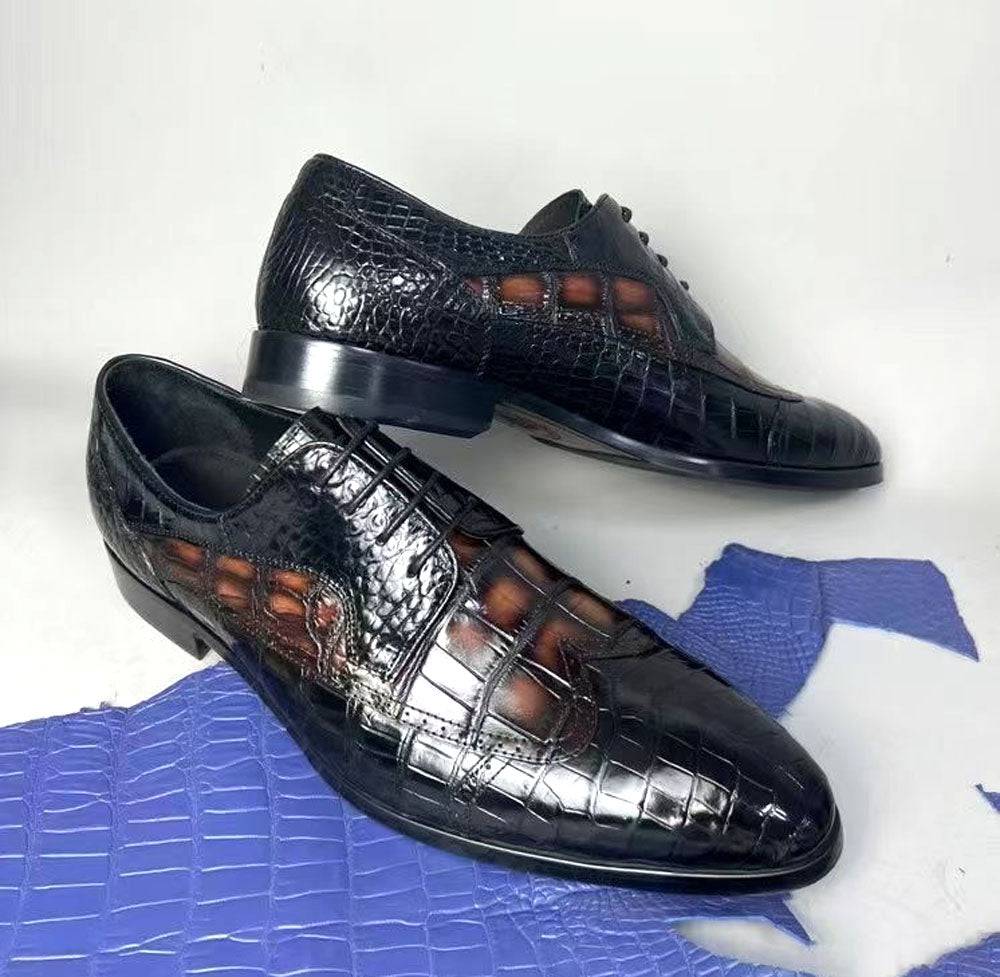 Rossie Viren crocodile leather two-tone brogue formal shoes with lace-up design, stylish dress shoes for men.