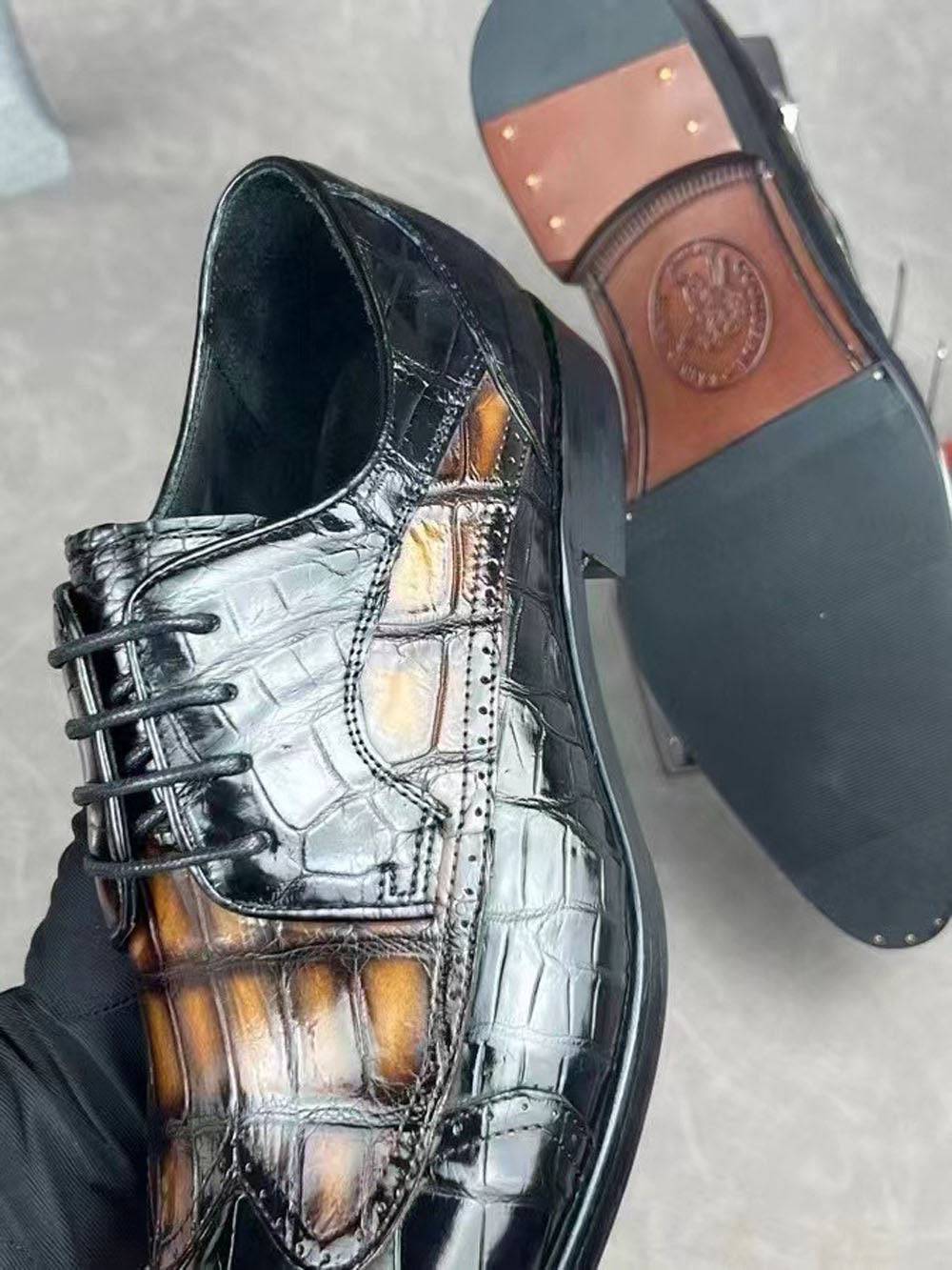 Rossie Viren crocodile leather two-tone brogue formal shoes with lace-up design, stylish dress shoes for men.