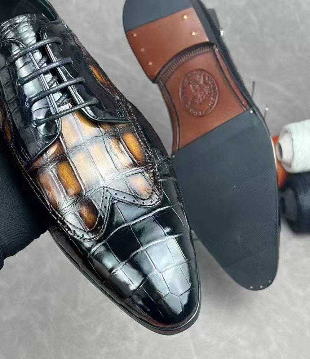 Rossie Viren crocodile leather two-tone brogue shoes with lace-up design, formal dress shoes for men.