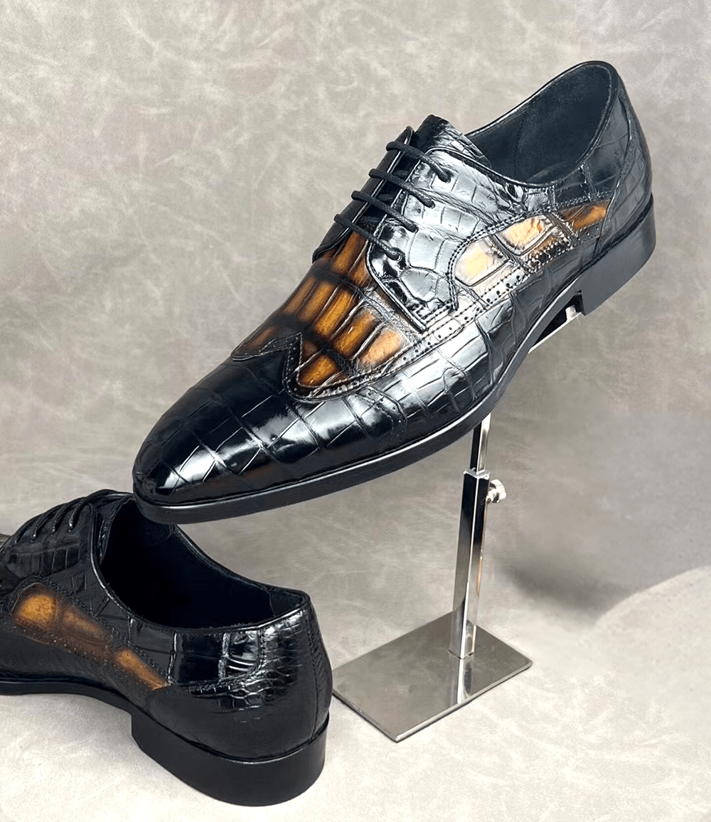 Rossie Viren crocodile leather two-tone brogue formal shoes with lace-up design, stylish dress shoes for men.