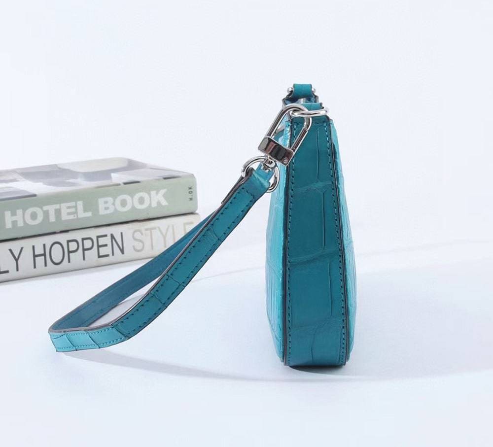 Crocodile Leather Underarm With Chain Shoulder Strap Bag Turquiose Blue