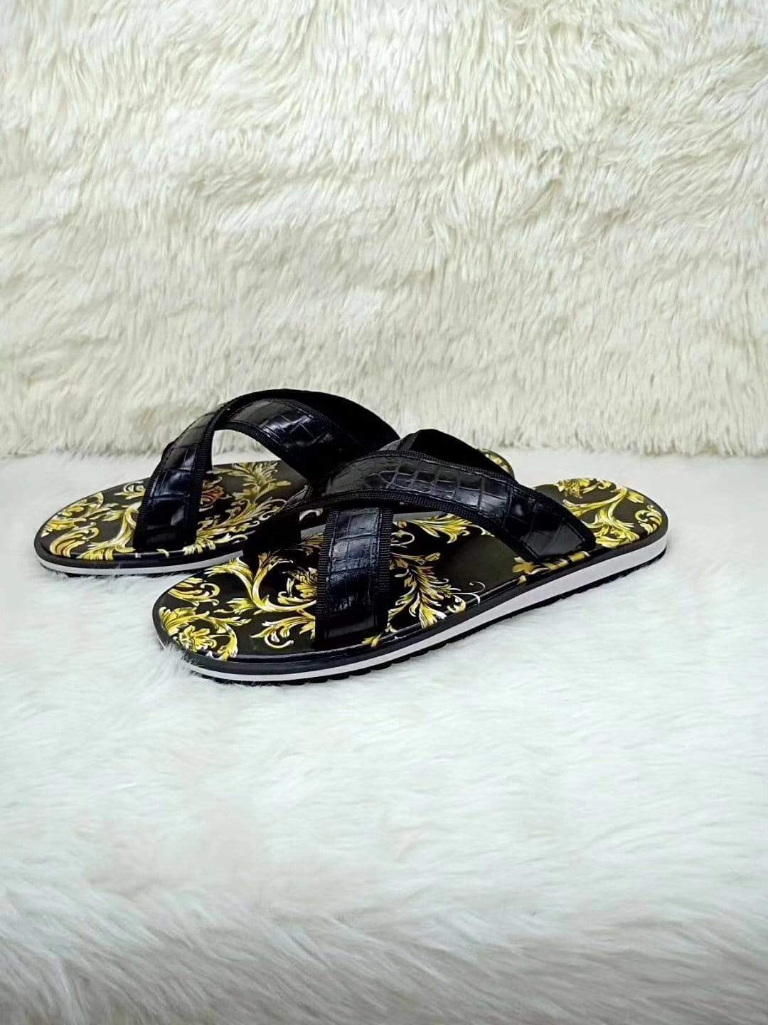 Rossie Viren crocodile belly leather slipper showing textured crocodile skin and sleek slip-on shoe design.