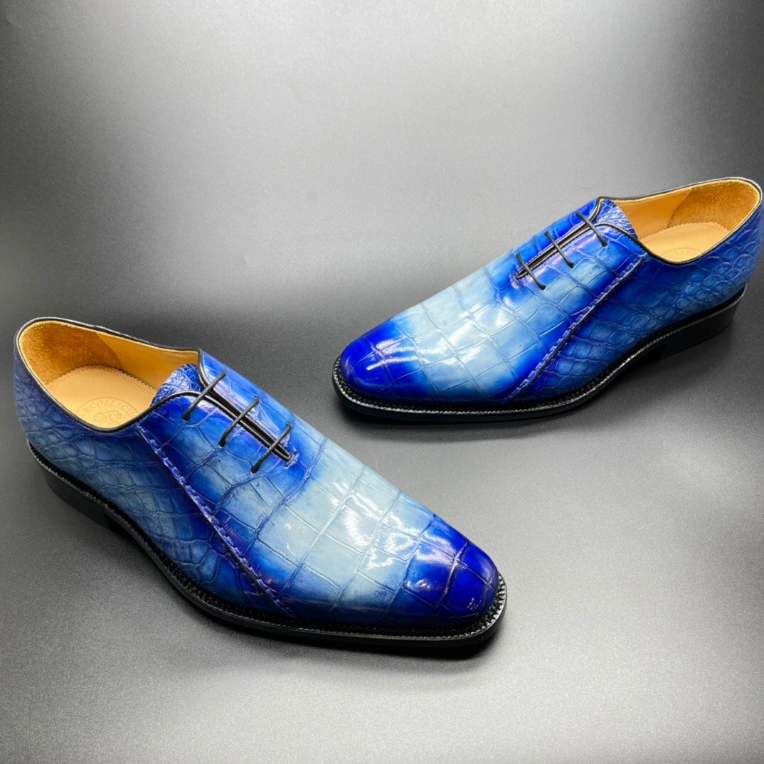 Rossie Viren men's genuine crocodile leather penny loafers with hand-painted blue and two-tone finish, stylish dress shoes.