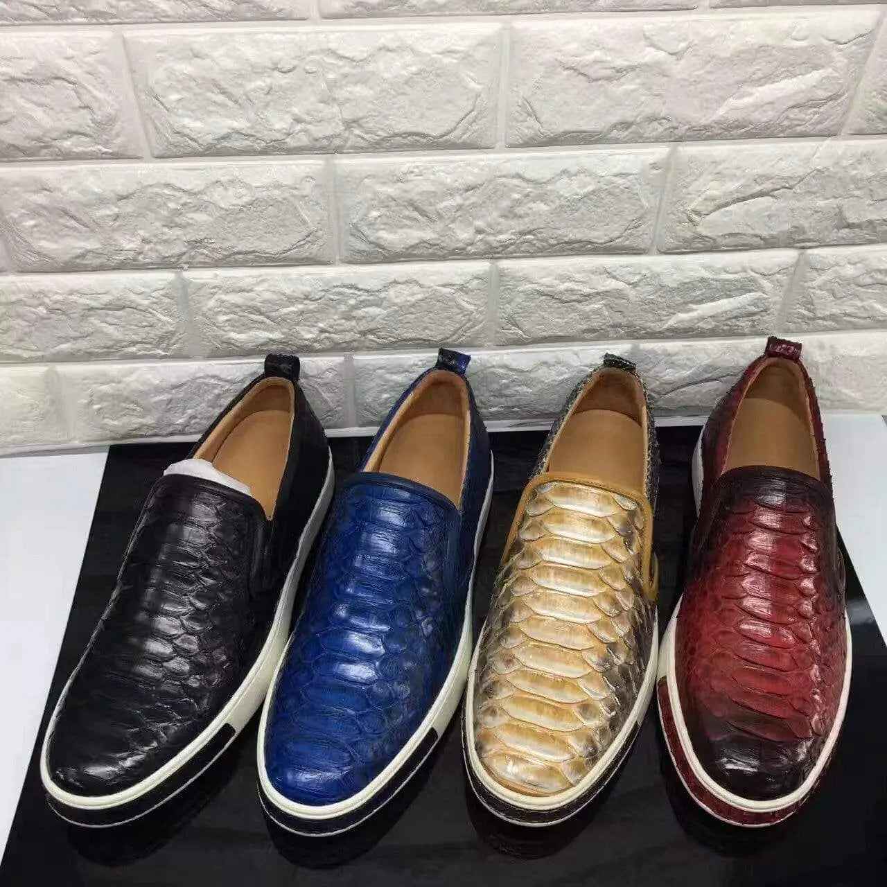 Rossie Viren men's casual slip-on shoes with crocodile and python leather accents, featuring a stylish roller-boat sneaker design.