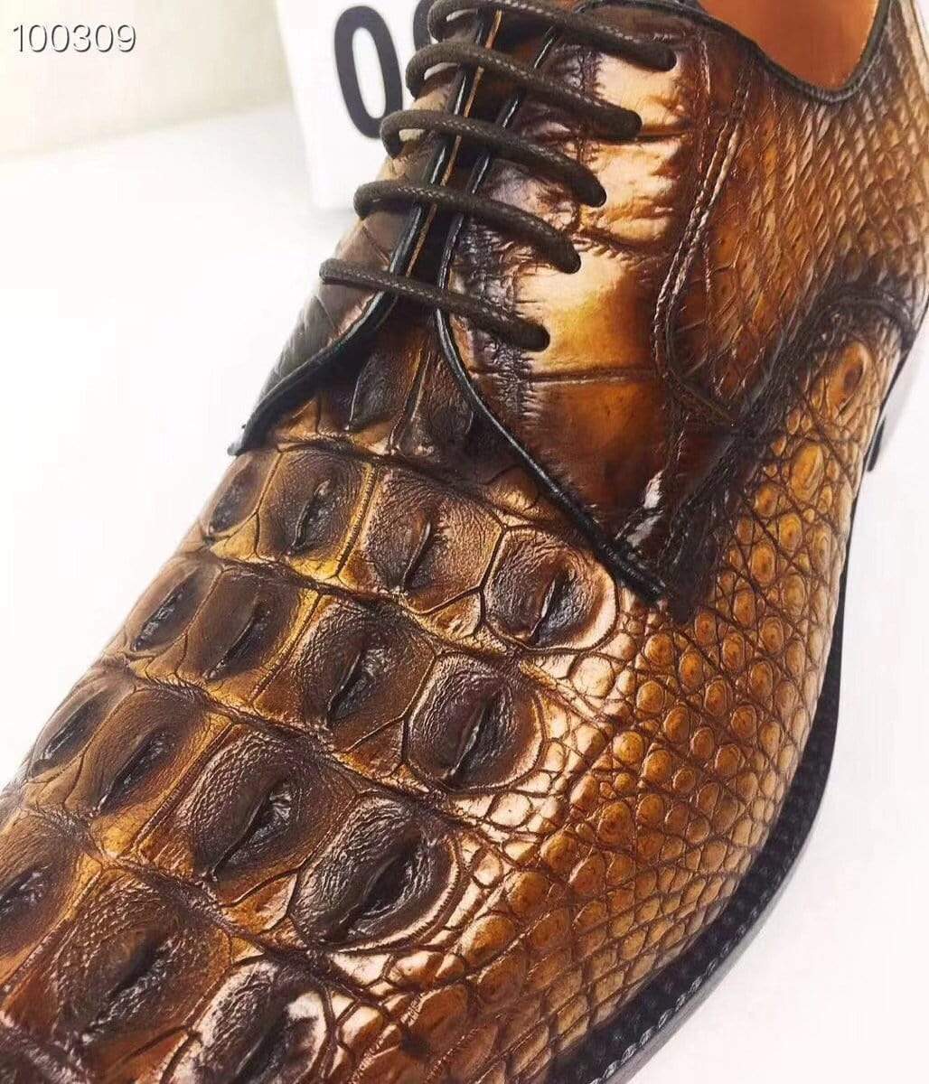 Rossie Viren men's crocodile leather dress shoes with round pointed toe, lace-up casual and business footwear in crocodile bone finish.
