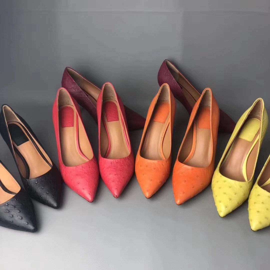 Rossie Viren crocodile and ostrich leather women's high heels pumps, elegant shoes with a sleek design and pointed toes.