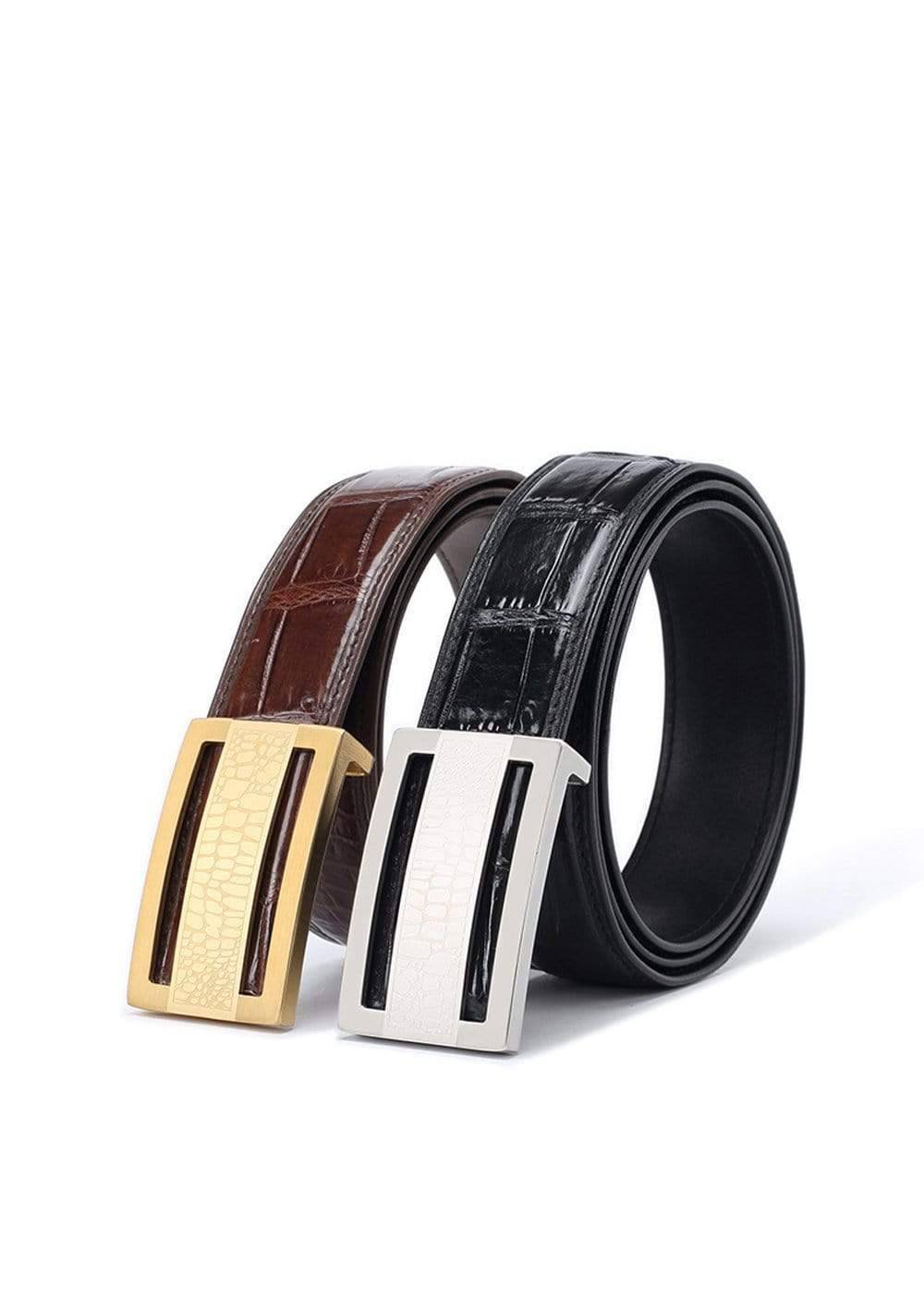 Rossie Viren crocodile skin leather belt with belly leather design, featuring a textured crocodile pattern and sleek buckle.