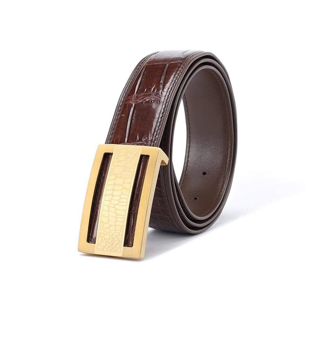 Crocodile skin leather belt by Rossie Viren featuring textured belly leather in a stylish belt design.