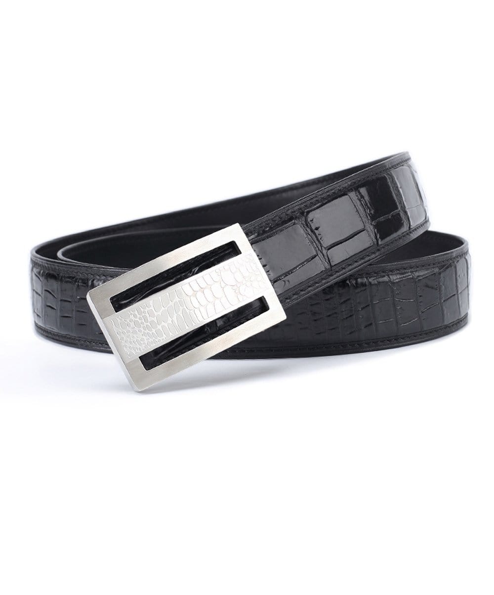 Rossie Viren crocodile skin belly leather belt, showcasing textured crocodile pattern and sturdy buckle detail.