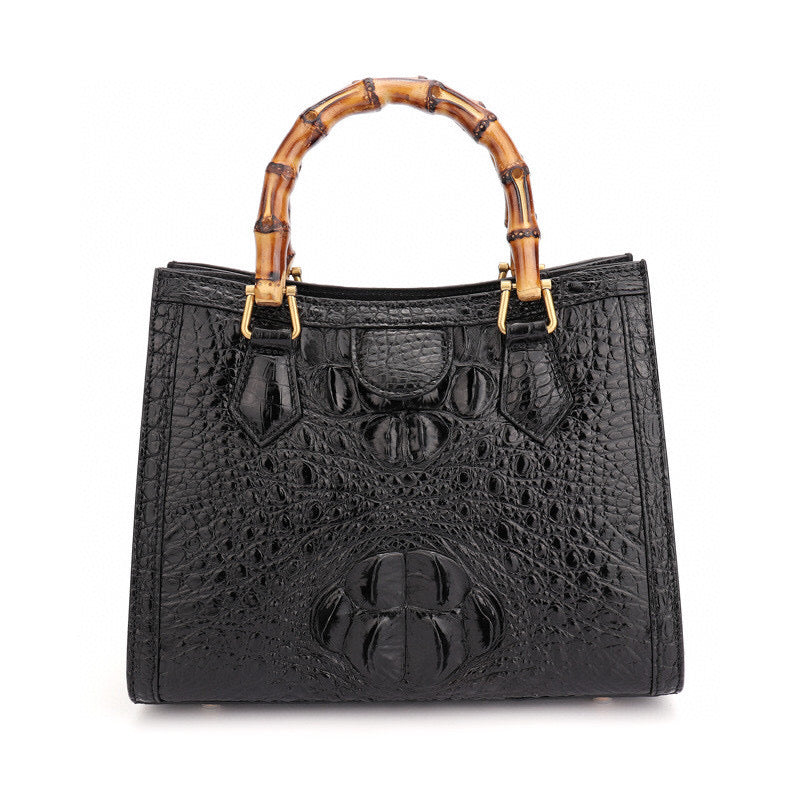 Crocodile Skin Leather Bamboo Top Handle Bag