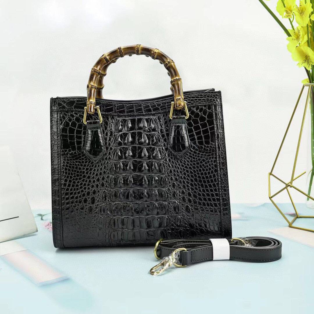 Crocodile Skin Leather Bamboo Top Handle Bag
