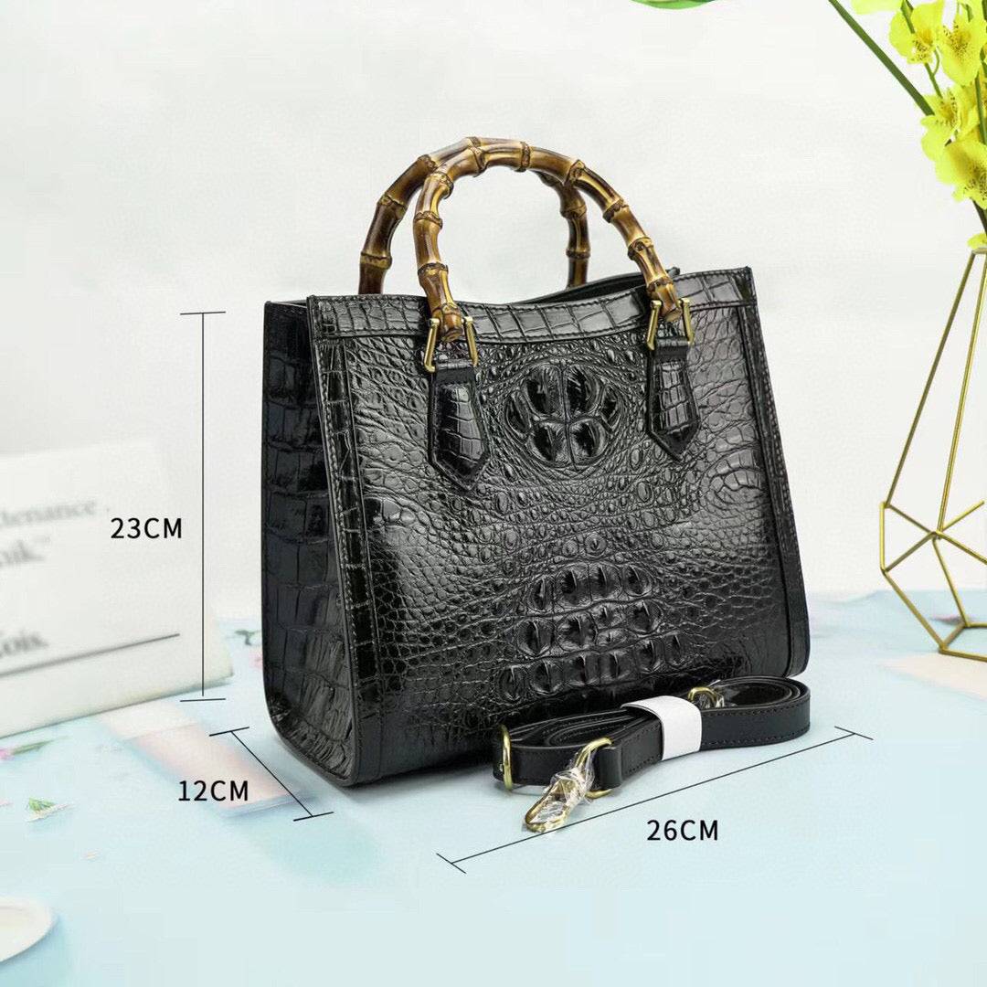 Crocodile Skin Leather Bamboo Top Handle Bag