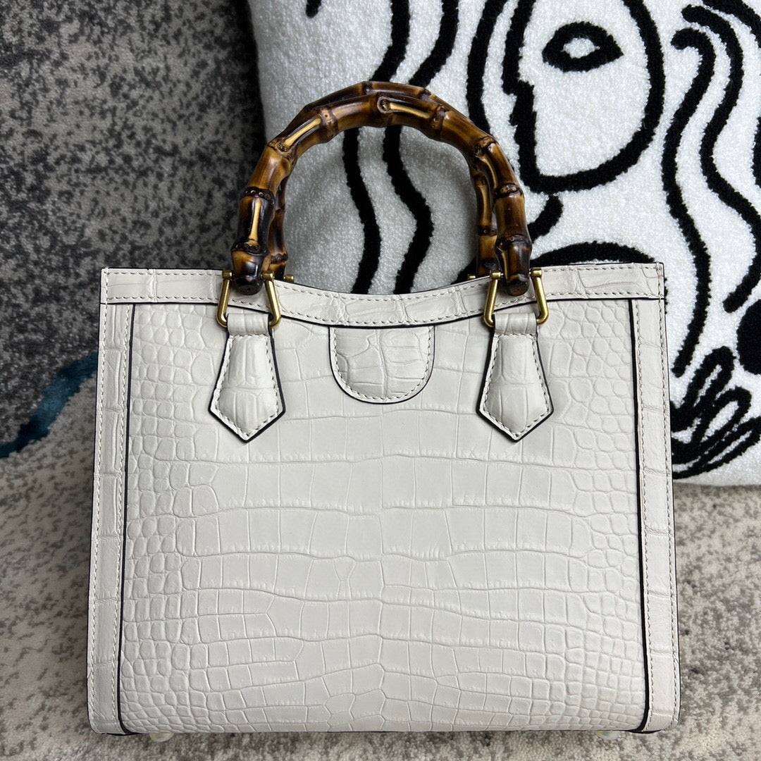 White crocodile skin leather handbag with bamboo handle, Rossie Viren shoulder crossbody bag with elegant design.