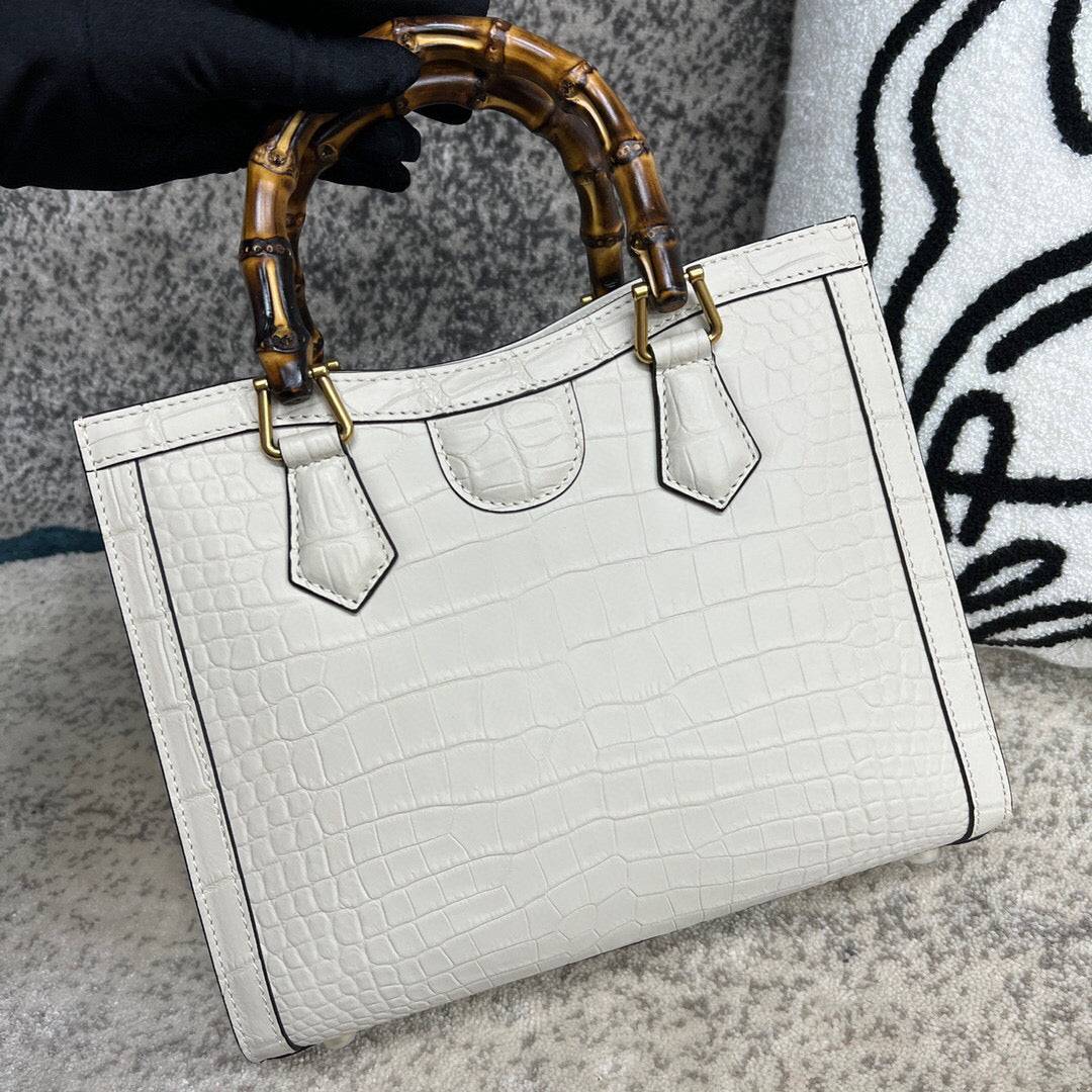 White crocodile skin leather shoulder crossbody handbag with bamboo handle by Rossie Viren
