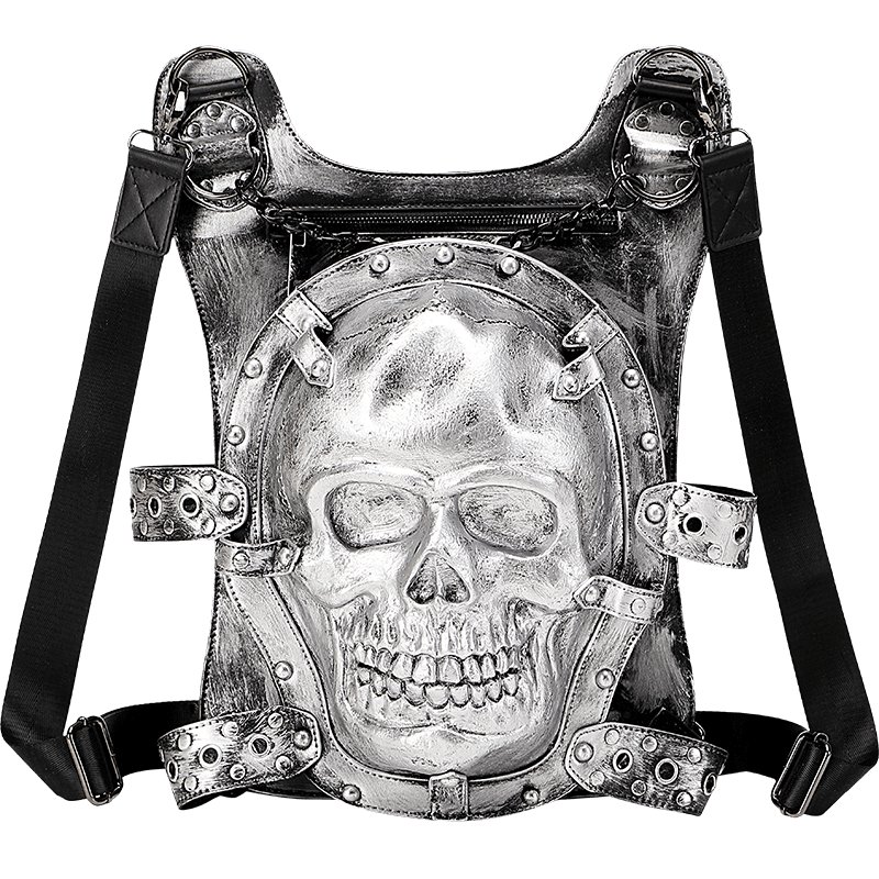 Rossie Viren unisex 3D skull backpack with chain handle, casual leisure backpack with edgy skull design and spacious interior.