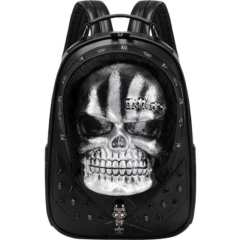 Rossie Viren 3D Skull backpack with studded details and faux hair, styled as a messenger bag with bold, edgy design.