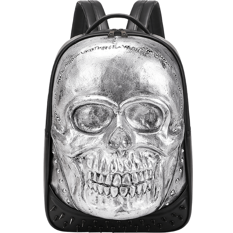 Rossie Viren 3D skull backpack with smiling skull design, studded accents, large capacity, ideal for laptops and everyday use.