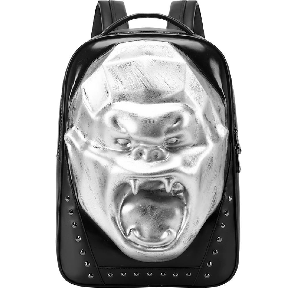 Rossie Viren 3D skull and King Kong backpack with studs, large volume laptop backpack, unisex design with bold, edgy style.
