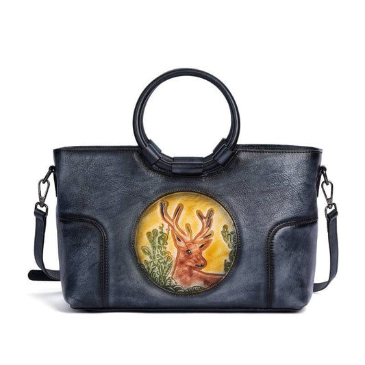 Rossie Viren Women's Fashion Large Capacity Round Handle Vintage Leather Shoulder Tote Bag