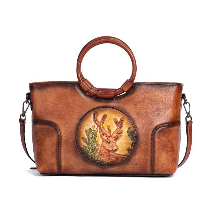 Rossie Viren women's vintage leather shoulder tote bag with large capacity and round handle, stylish for everyday use.