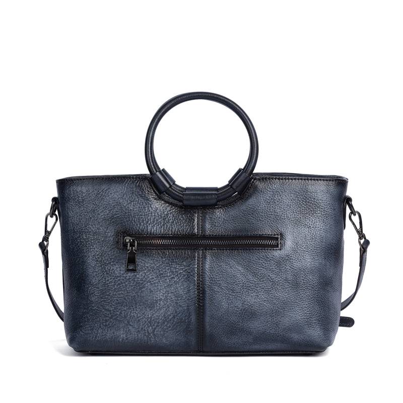 Rossie Viren women's vintage leather shoulder tote bag with large capacity and round handle, stylish for everyday use.