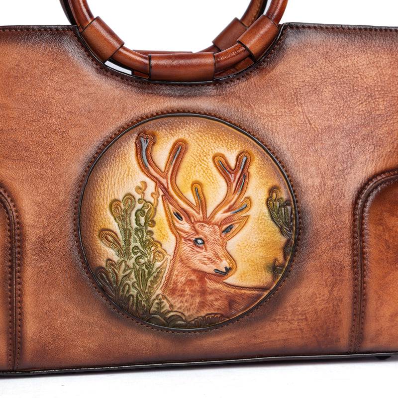 Rossie Viren women's vintage leather shoulder tote bag with large capacity, round handle, and stylish design.