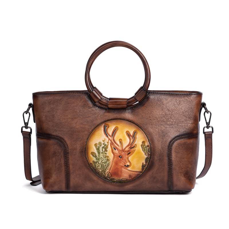 Rossie Viren women's vintage leather shoulder tote bag with large capacity and round handle, stylish and functional handbag.