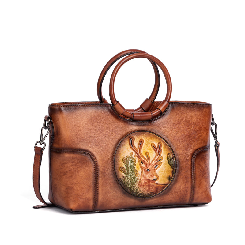 Rossie Viren women's vintage leather shoulder tote bag with large capacity and round handle, stylish fashion handbag.