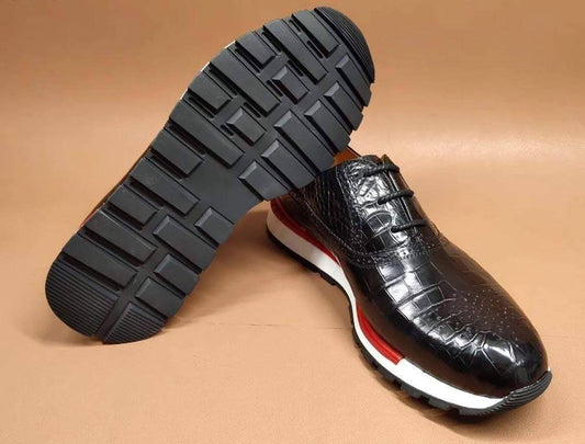 Crocodile Shoes Fashion Men's Sidework Low-Top Casual Sneakers  In Black Crocodile Leather