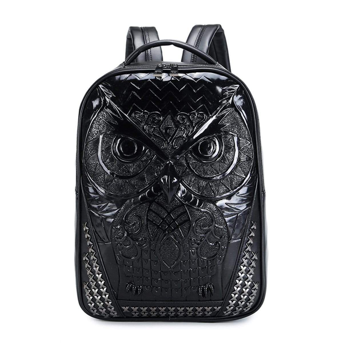 Rossie Viren 3D Owl Backpack with punk rivets, waterproof design, perfect for students carrying laptops and school supplies.