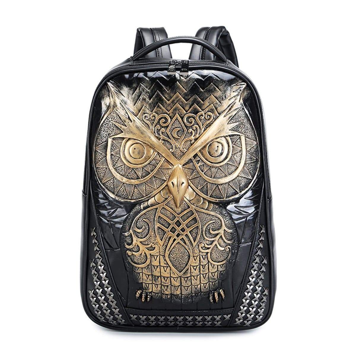 Rossie Viren 3D owl backpack with punk rivets, waterproof design, ideal for students, featuring a cartoon owl and laptop compartment.