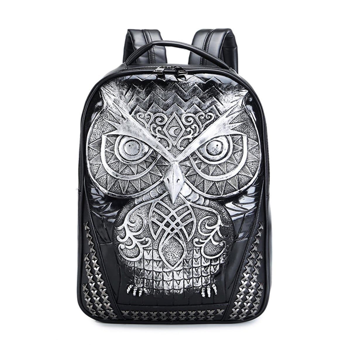 Rossie Viren 3D Owl backpack with punk rivets, waterproof design, suitable for students, featuring a cartoon owl and laptop compartment.