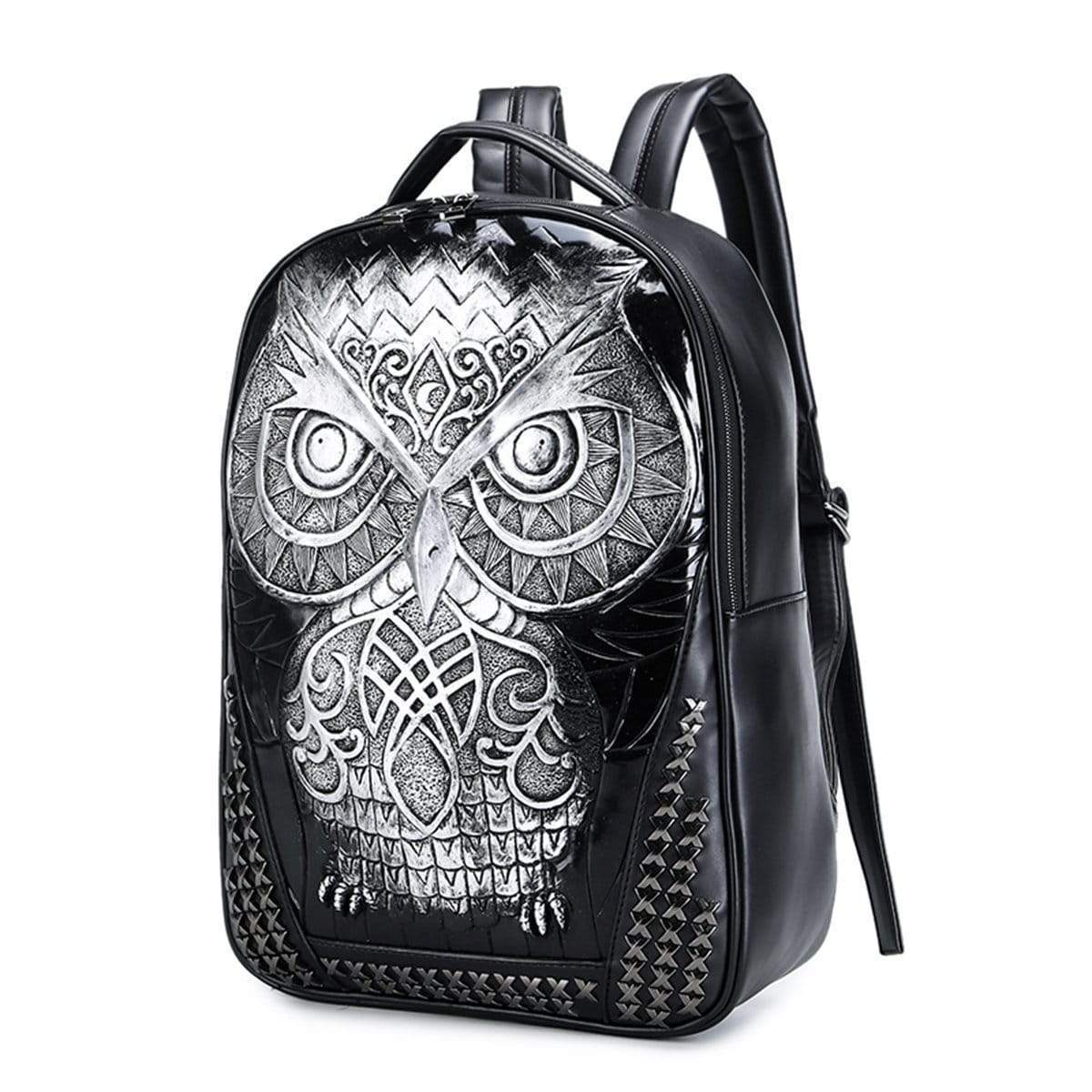 3D owl-shaped waterproof backpack by Rossie Viren featuring punk rivets, ideal for students carrying laptops and books.