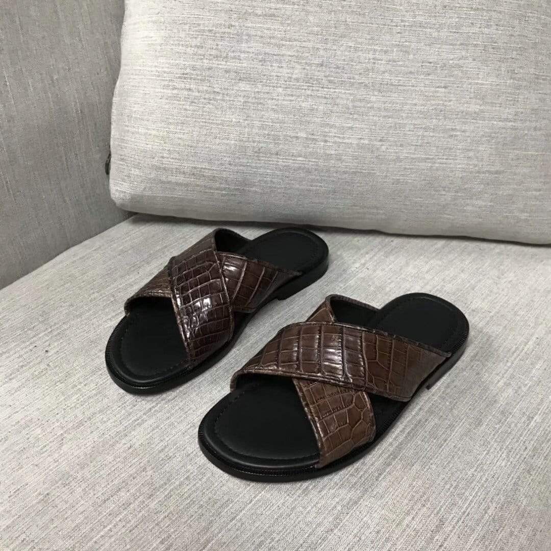 Rossie Viren men's slippers made from genuine crocodile belly leather, featuring a sleek nubuck finish and elegant shoe design.