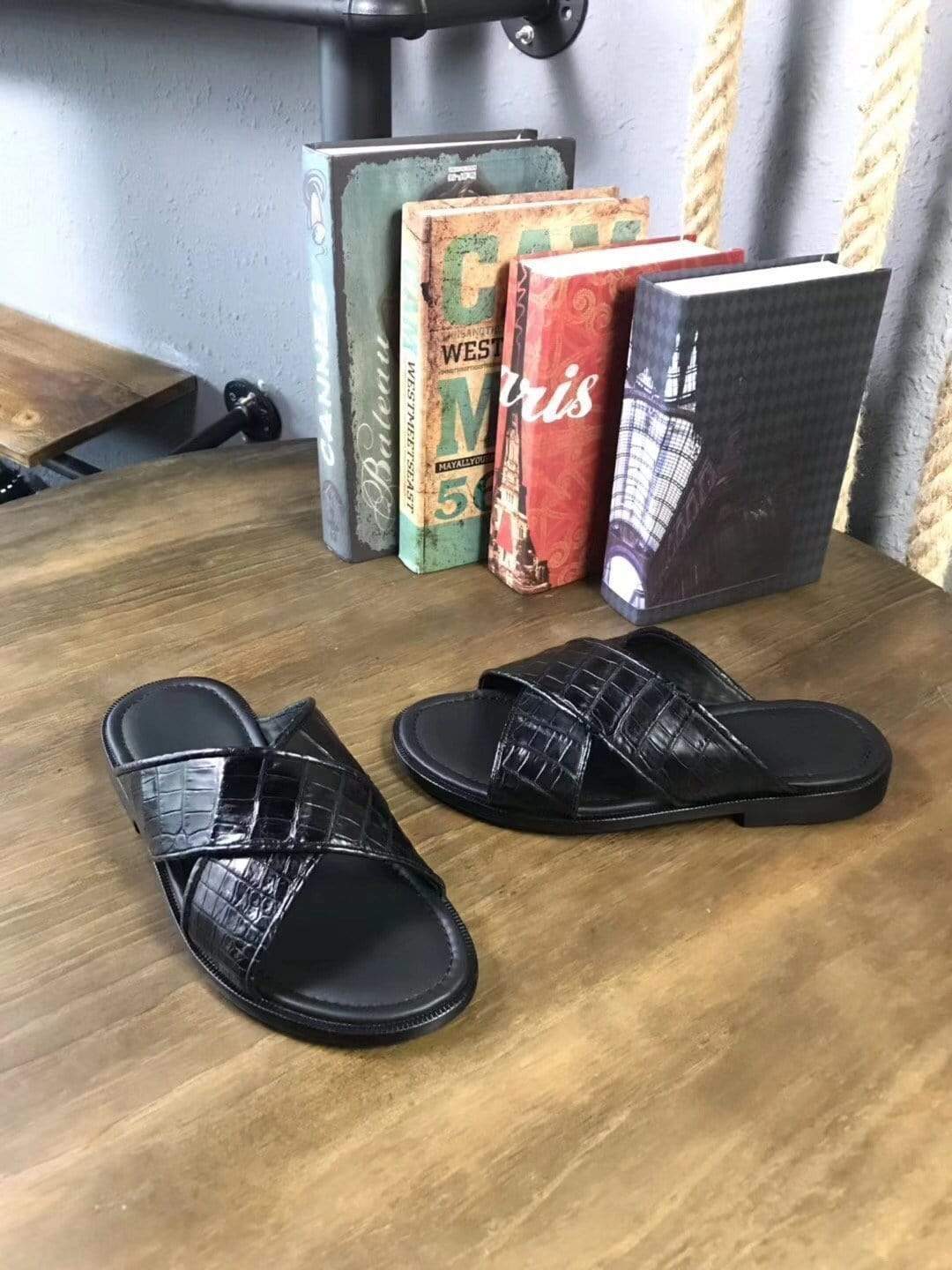Genuine crocodile belly leather men's slipper by Rossie Viren, featuring a sleek, luxurious crocodile skin design and classic slip-on style.